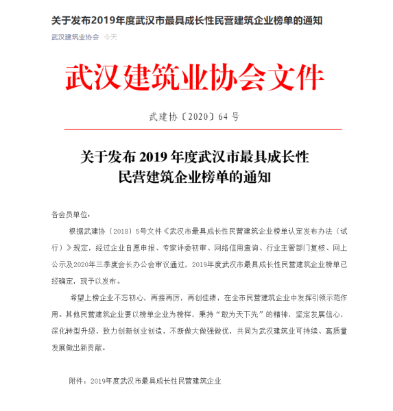 天馬建設榮膺武漢市最具成長性民營建筑企業